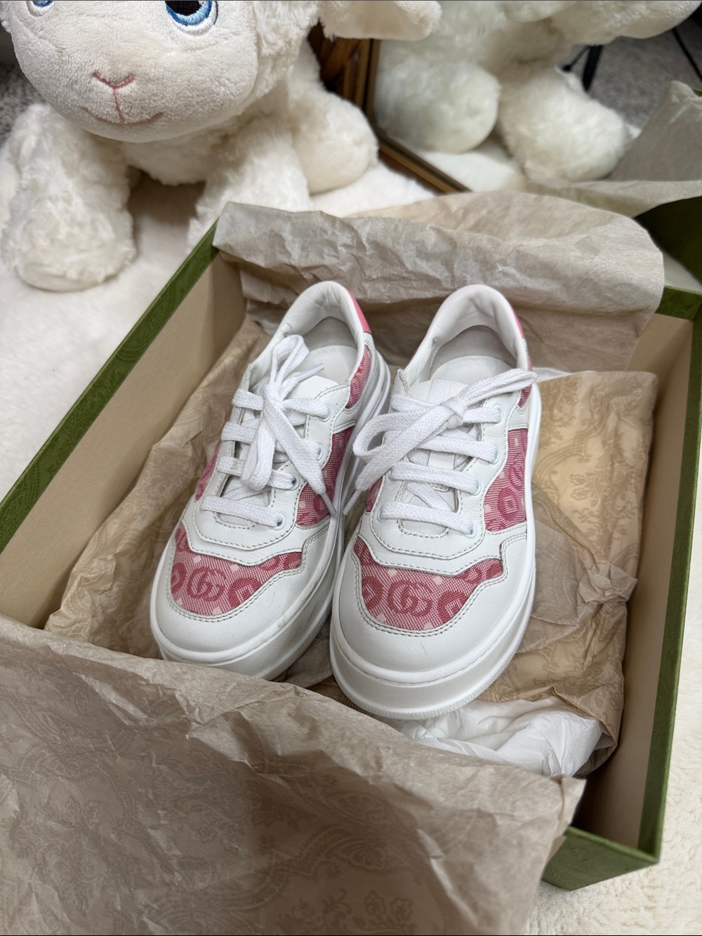 Gucci Kids White & Pink GG Logo Lace-Up Sneakers